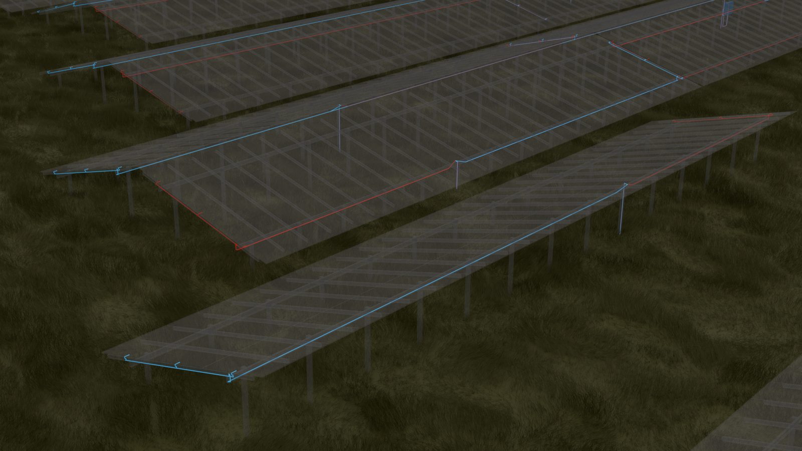 3D-Detailansicht der Kabelführung an PV-Modultischen