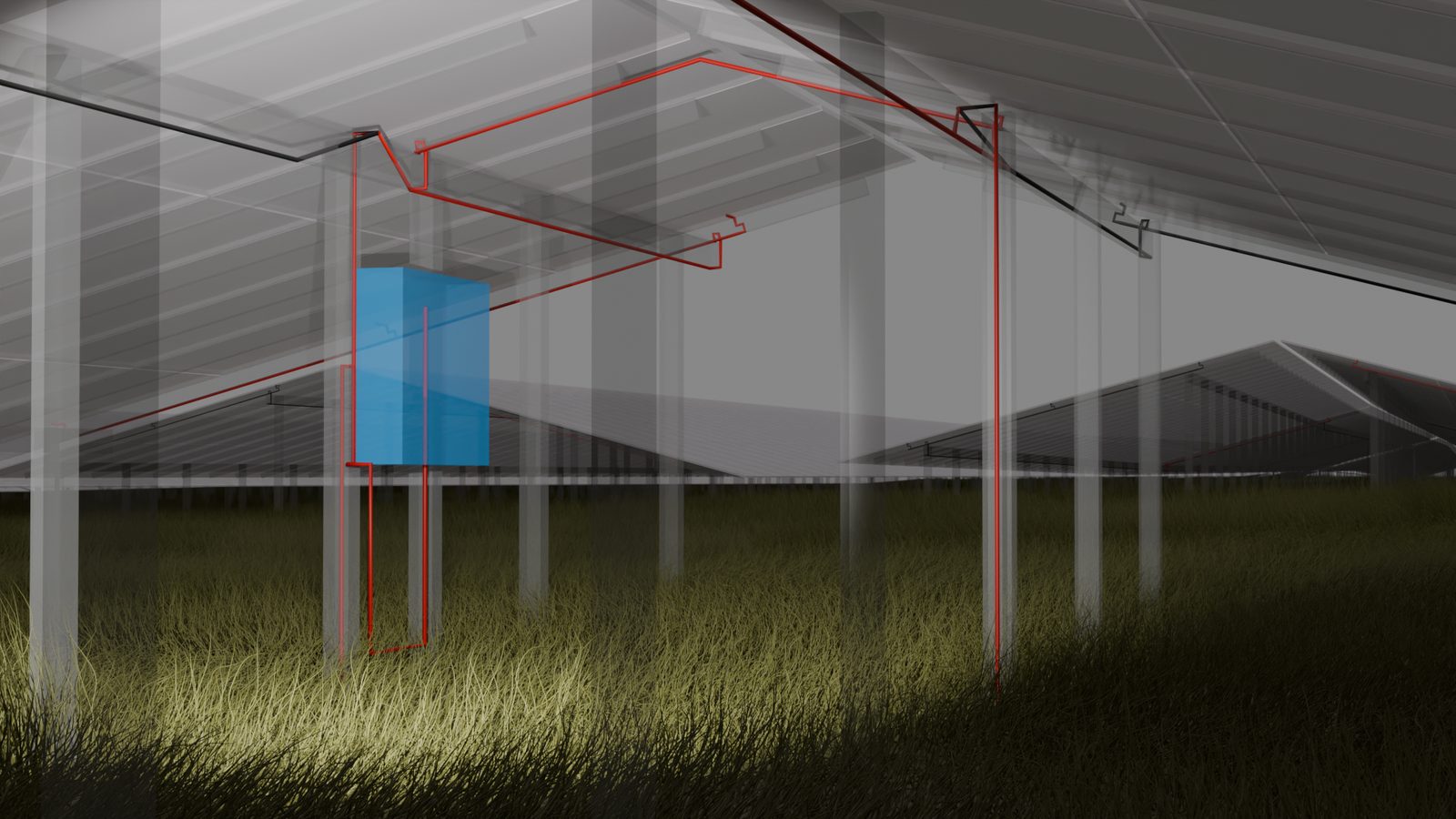 3D-Ansicht unter der Unterkonstruktion mit GAK und Kabelrouting
