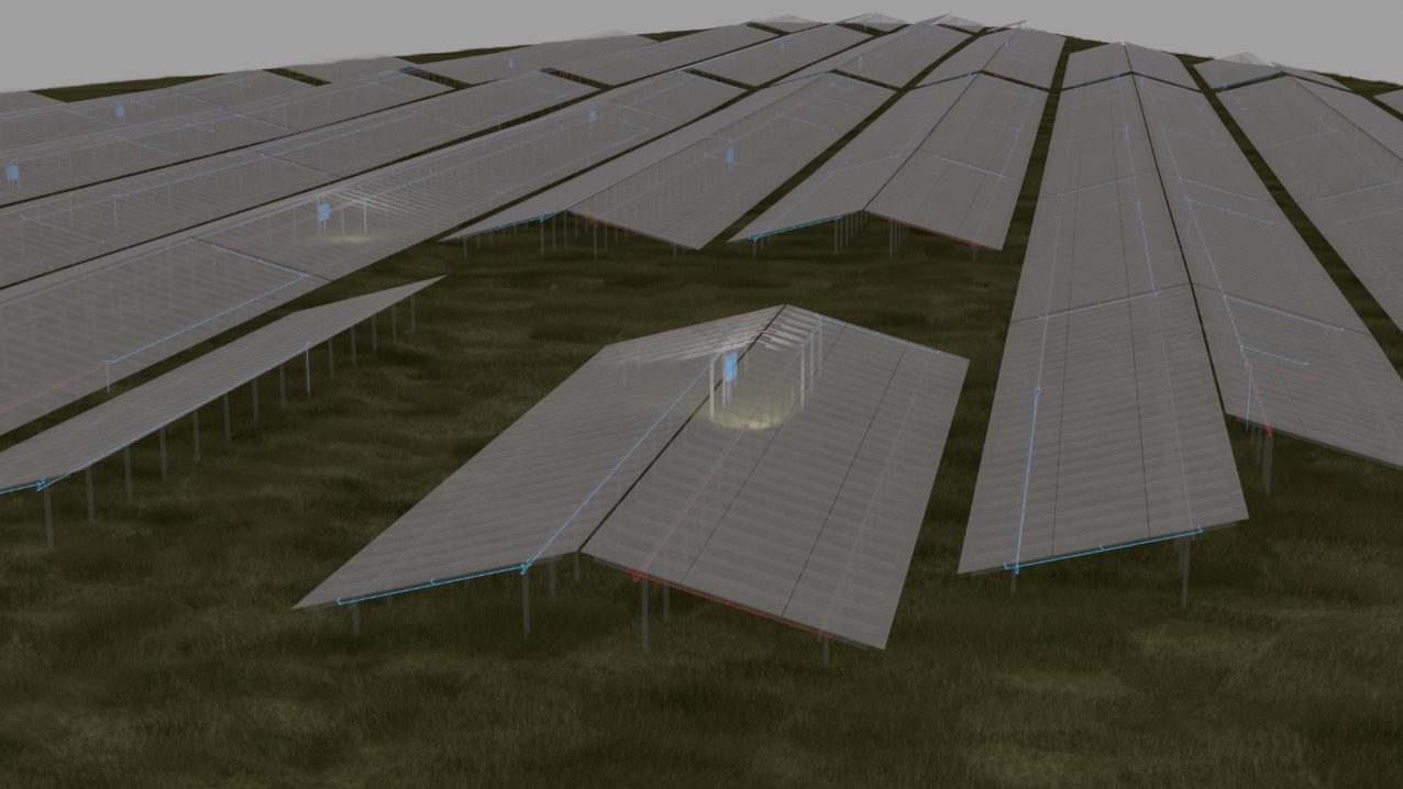 3D-Visualisierung eines PV-Parks mit vollständigem DC-Kabelrouting