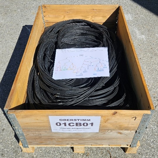Kabelstrang verpackt in beschrifteter Mehrwegholzpalette mit Verlegeanleitung